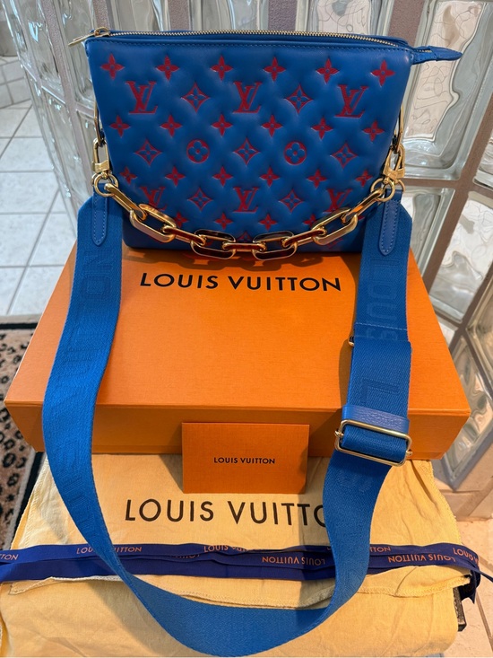 Louis Vuitton Handbags - Louis Vuitton Blue & Red Quilted Monogram Coussin PM Bag with Gold Chain & Strap